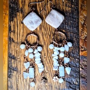Earth Chic Natural Moonstone In Long Ultimate Bohemian Artisan Copper Earrings